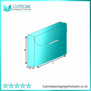 Paper briefcase box with tuck flap closure and labeled dimensions for packaging.