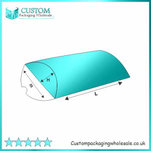 3D diagram of a custom pillow boxes used for packaging, showing dimensions labeled as L (length), W (width), and H (height or depth).
