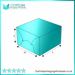 Self lock cake boxes with dimensions labeled as Height (H), Width (W), and Length (L). The box features a curved tuck flap on the front for secure closure.