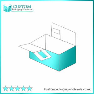 Teal and white 3D glass carrier boxes model with open lid, handle cutout, and foldable panels, displayed from a different angle.