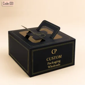 Elegant black custom cake boxes with designed for premium packaging and easy carrying.
