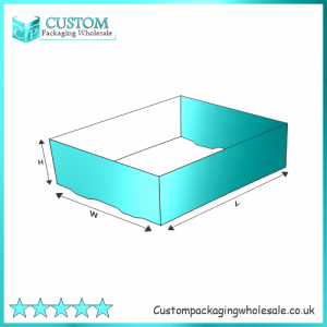 Teal foot lock tray boxes shown in 3D with arrows indicating length, width, and height.