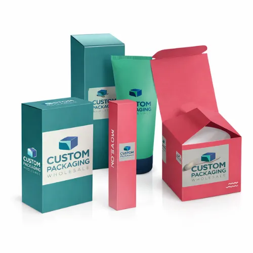 Custom cosmetic packaging boxes wholesale in teal and pink colours including skincare tube box, retail carton packaging, and branded folding boxes with logo print.