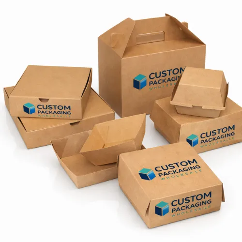 Custom food packaging boxes wholesale made from kraft paper including takeaway boxes, burger boxes, meal carriers, and eco-friendly folding cartons with printed logo.