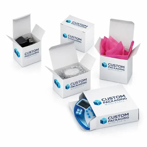 Custom gift packaging boxes wholesale in white cardboard featuring mailer boxes, retail packaging cartons, product shipping boxes, and branded logo printing.