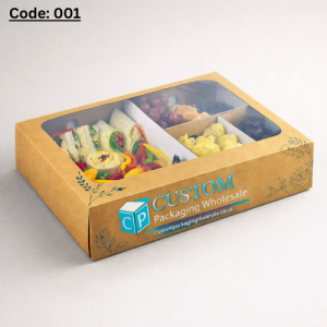 Kraft paper sandwich boxes with clear window showing assorted sandwiches, fruits, and snacks in compartments.