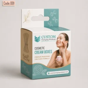 Closed cosmetic cream boxes with teal and white design featuring a woman applying face cream