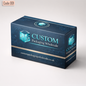Dark blue coffee boxes with custom logo and decorative pattern design.