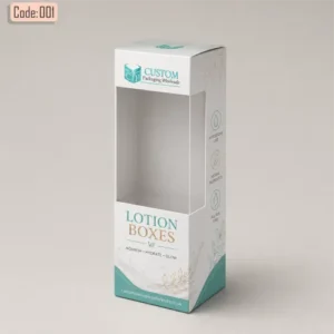 Custom printed lotion boxes with clear window cut design for skincare and body lotion bottle packaging.