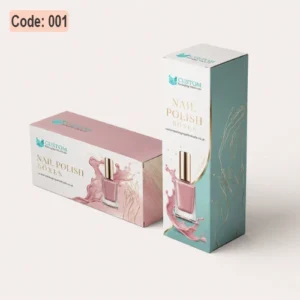 Custom nail polish boxes set featuring two luxury boxes in pink and teal colors with gold detailing and nail polish bottle artwork, designed for cosmetic product packaging.