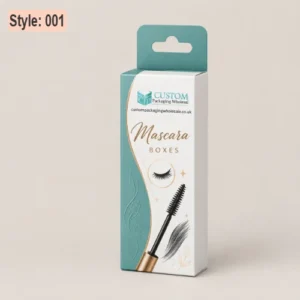 White and teal custom mascara boxes with a hanging tab, printed branding and mascara brush illustration for retail cosmetic packaging.
