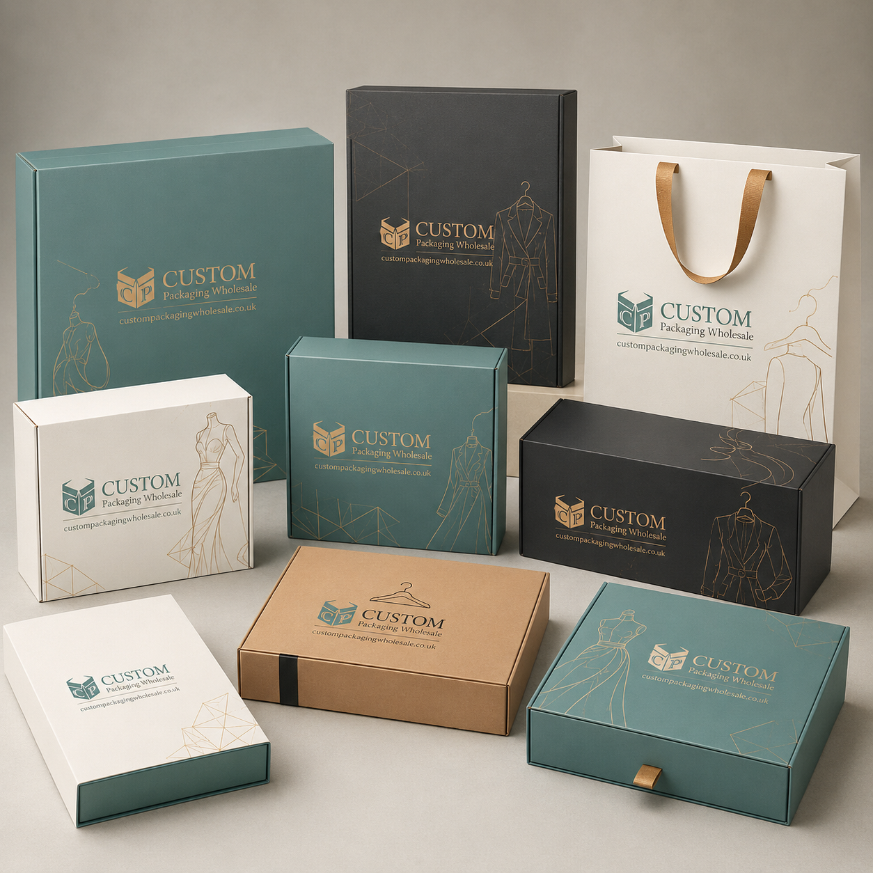 Premium apparel boxes including luxury clothing boxes, fashion packaging, rigid garment boxes and custom branded retail packaging by Custom Packaging Wholesale.