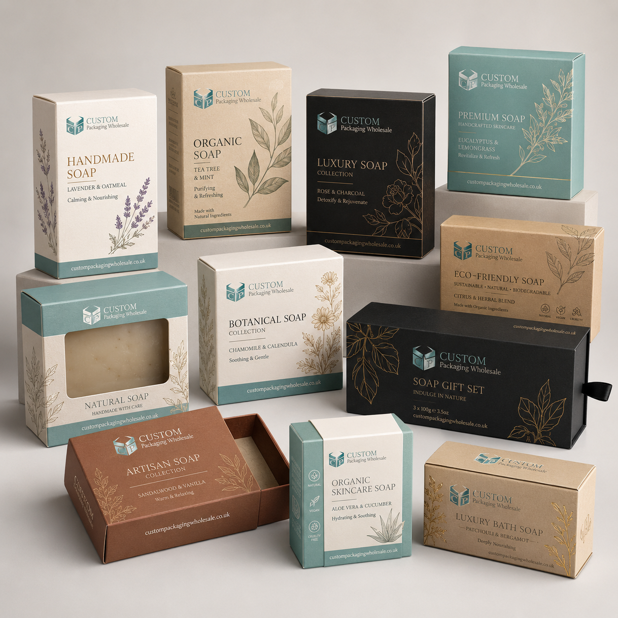 Assorted custom soap boxes featuring luxury, organic, handmade, window, rigid gift and eco-friendly packaging designs with Custom Packaging Wholesale branding, arranged in a premium skincare and wellness packaging showcase.