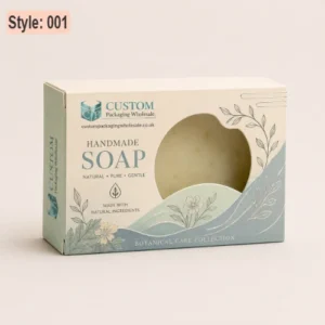 Custom printed die cut soap boxes with a circular window, featuring botanical artwork and handmade soap packaging, ideal for custom-designed die cut soap boxes and retail soap presentation.