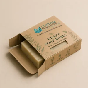 Kraft soap boxes featuring custom printed branding, a natural kraft finish, and a convenient window for displaying handmade soap.