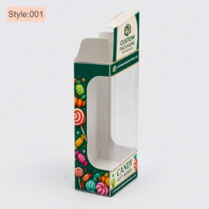 Individual ornament boxes with a clear display window and colorful candy graphics, designed for small ornament gift boxes.